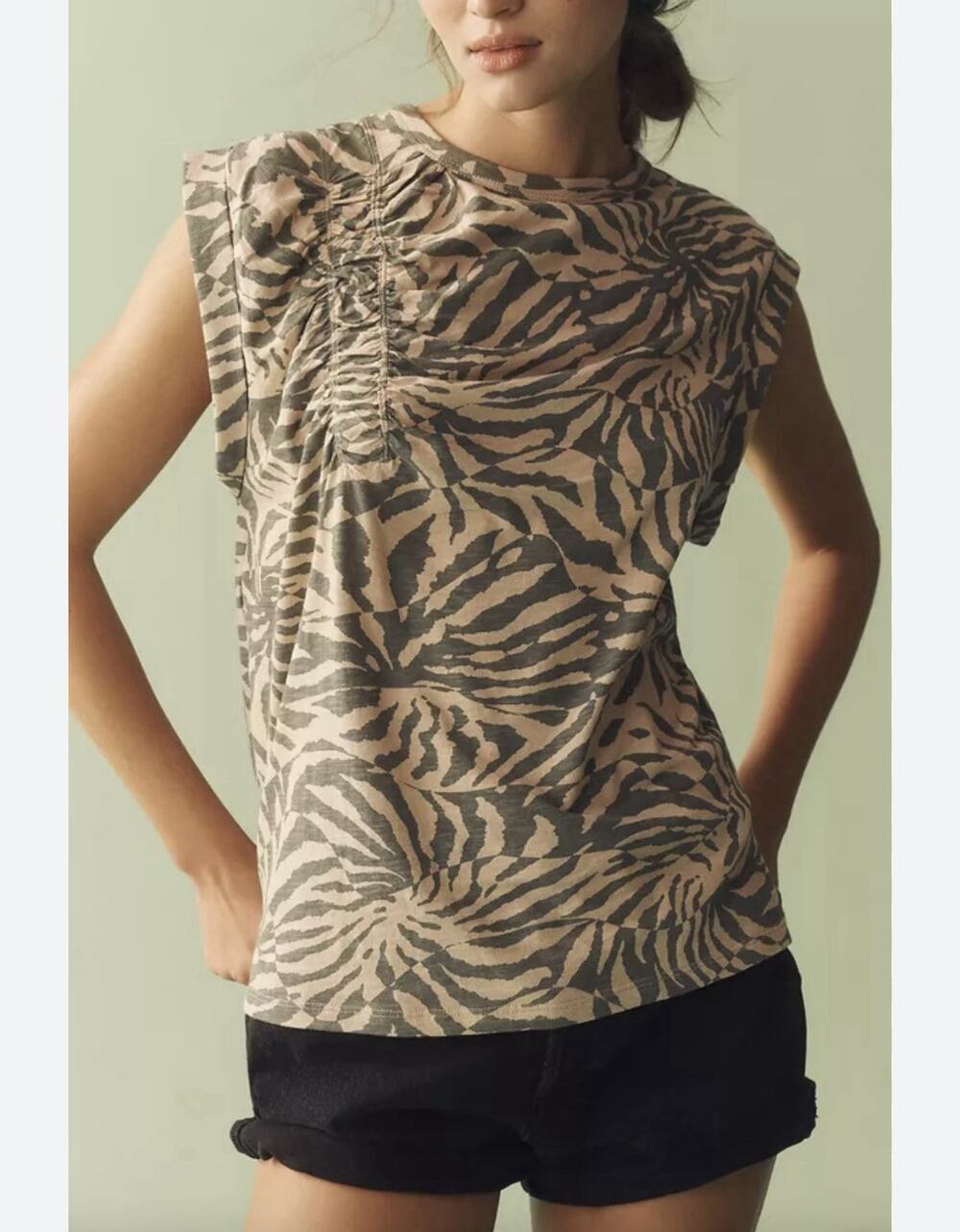 NWT Anthropologie Pilcro L Olive Cream Zebra-print Sleeveless Tank Top MSRP $68